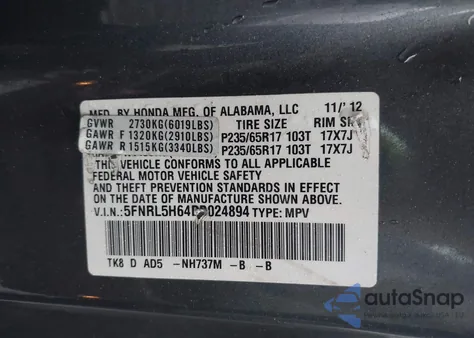 2013 Honda Odyssey Ex-L z USA, uszkodzony, nr VIN 5FNRL5H64DB024894